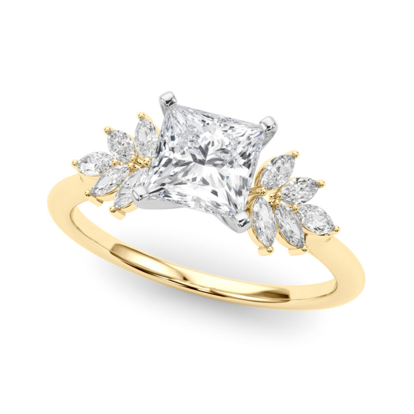 Angle view of Side view of princess cut diamond nature inspired marquise stone engagement ring in yellow gold