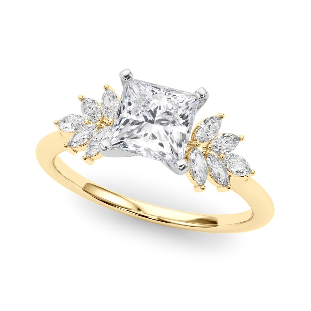 Angle view of Side view of princess cut diamond nature inspired marquise stone engagement ring in yellow gold