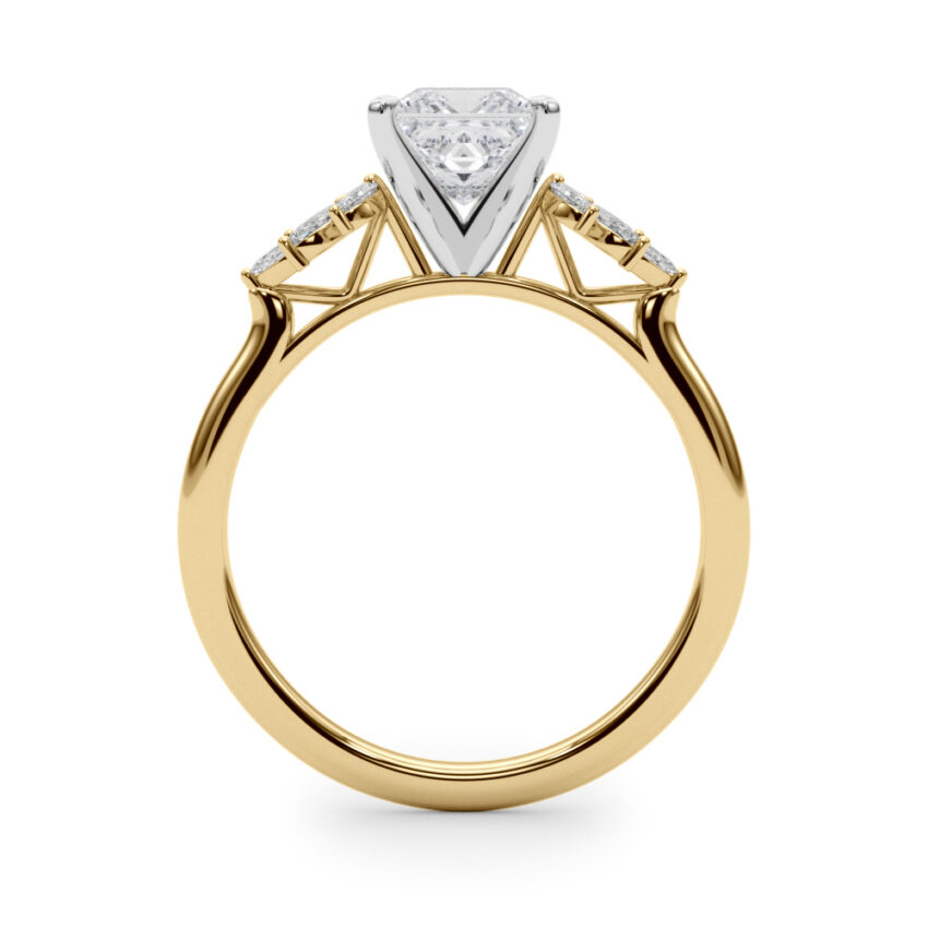 Side view of princess cut diamond nature inspired marquise stone engagement ring in yellow gold