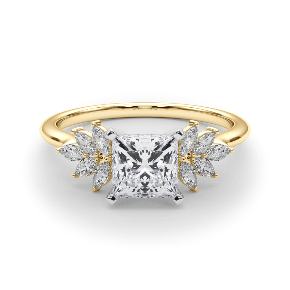 Side view of princess cut diamond nature inspired marquise stone engagement ring in yellow gold