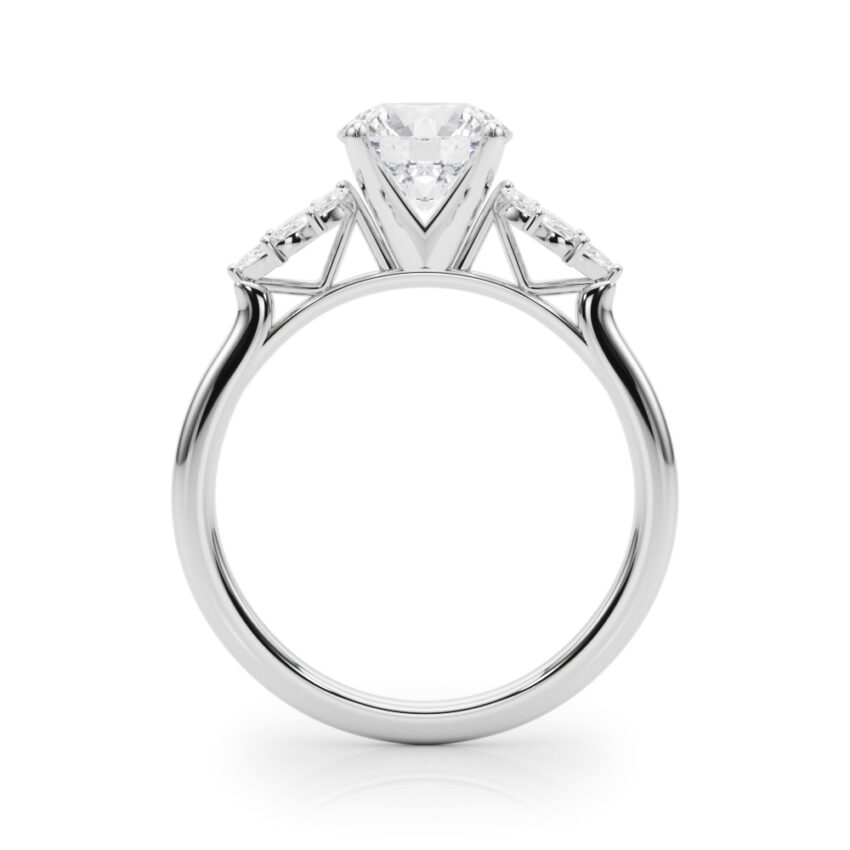 Side view of round cut diamond nature inspired marquise stone engagement ring in platinum