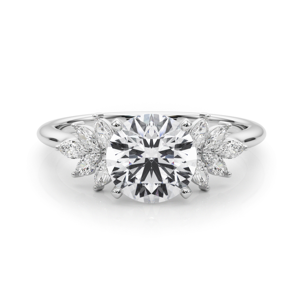 Side view of round cut diamond nature inspired marquise stone engagement ring in platinum