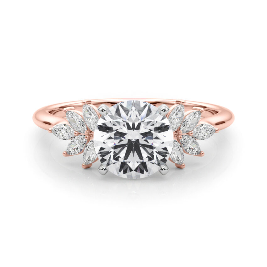 Side view of round cut diamond nature inspired marquise stone engagement ring in rose gold