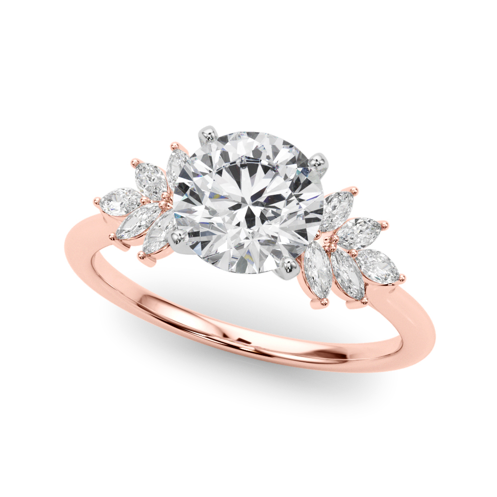 Angle view of Side view of round cut diamond nature inspired marquise stone engagement ring in rose gold