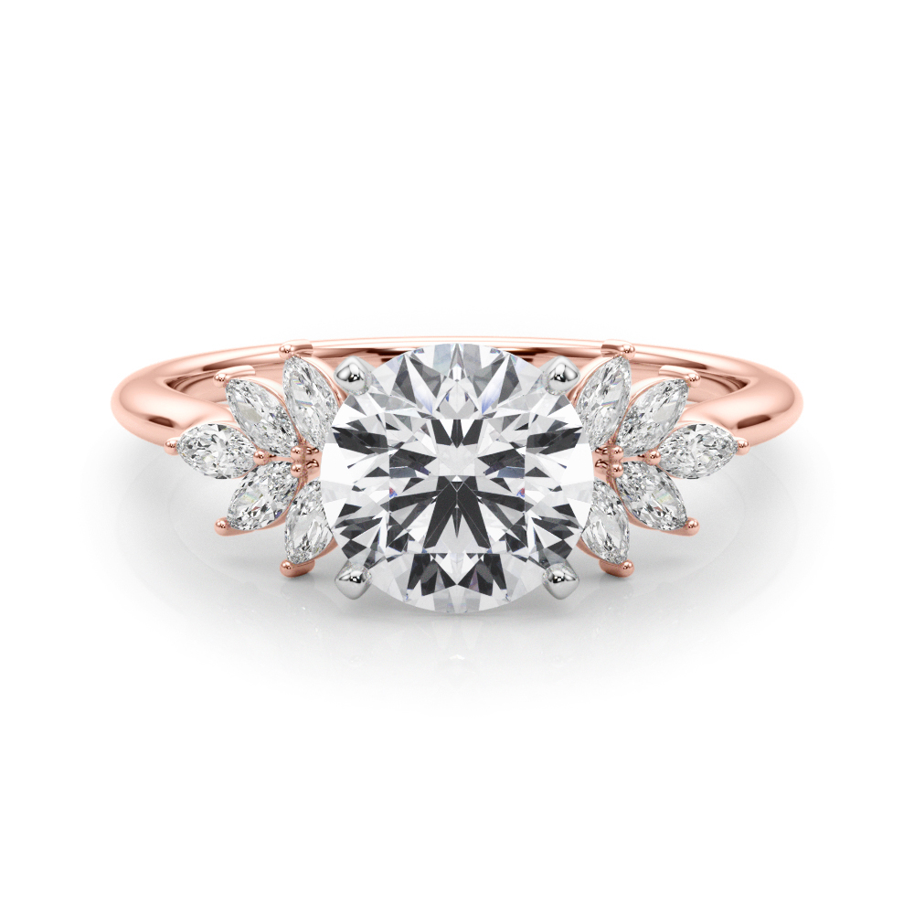 Side view of round cut diamond nature inspired marquise stone engagement ring in rose gold