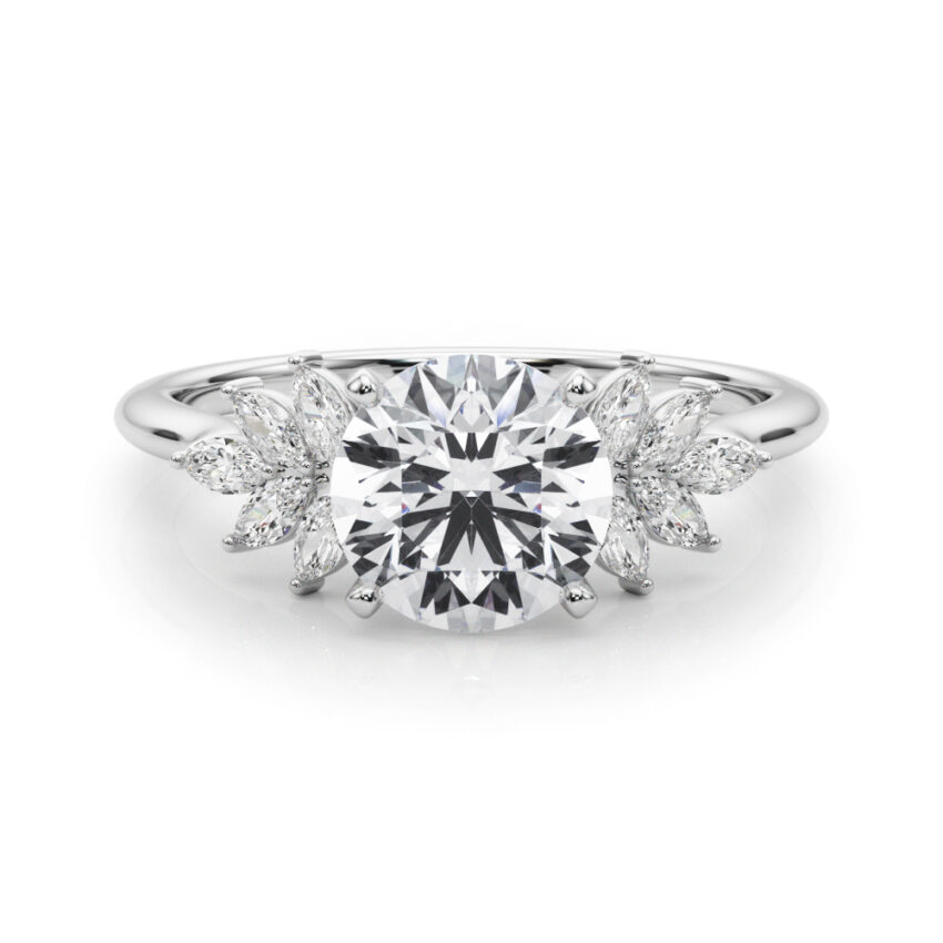 Side view of round cut diamond nature inspired marquise stone engagement ring in white gold