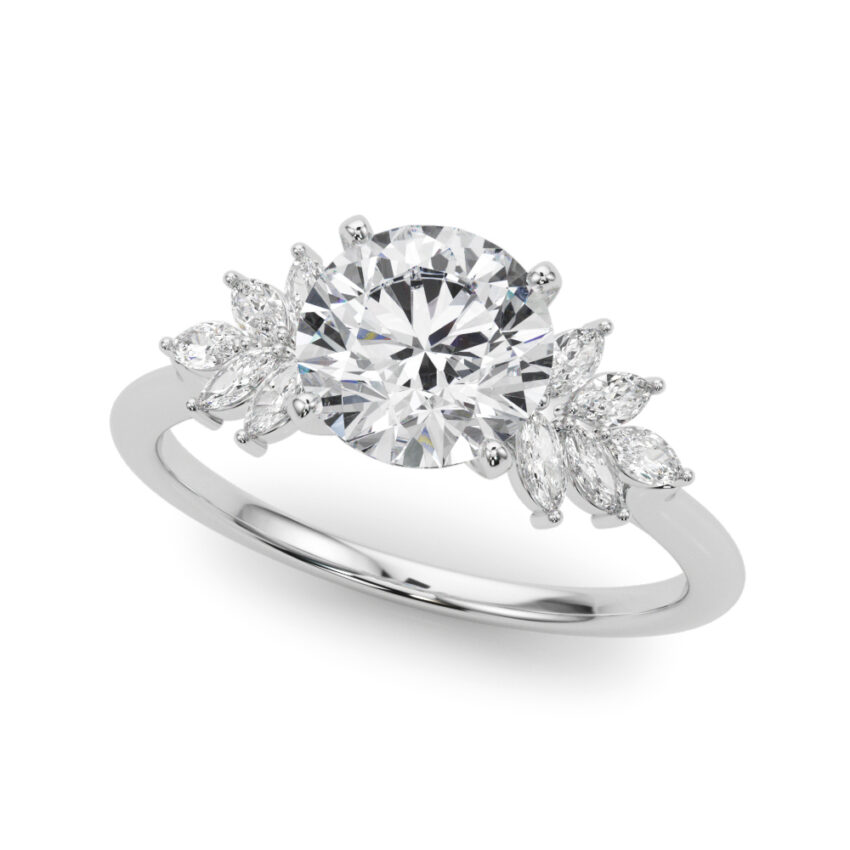 Angle view of Side view of round cut diamond nature inspired marquise stone engagement ring in white gold