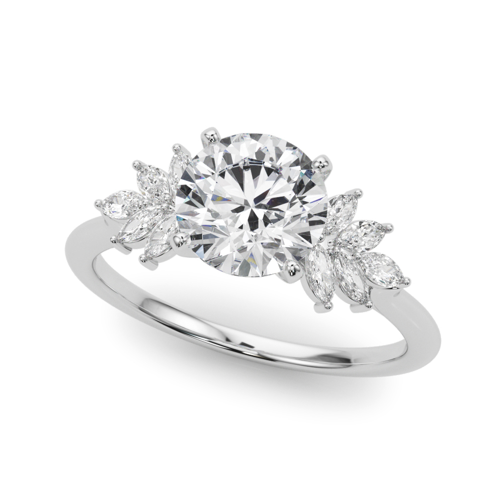 Angle view of Side view of round cut diamond nature inspired marquise stone engagement ring in white gold