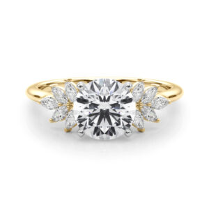 Side view of round cut diamond nature inspired marquise stone engagement ring in yellow gold