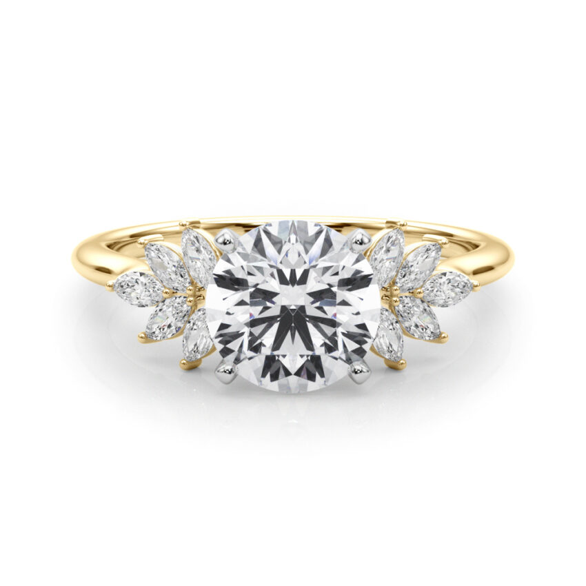 Side view of round cut diamond nature inspired marquise stone engagement ring in yellow gold