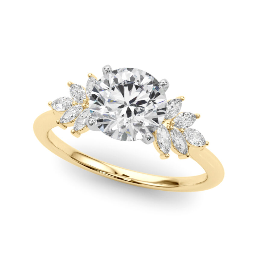 Angle view of Side view of round cut diamond nature inspired marquise stone engagement ring in yellow gold