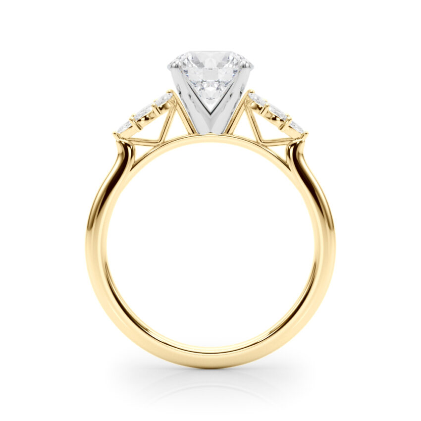 Side view of round cut diamond nature inspired marquise stone engagement ring in yellow gold
