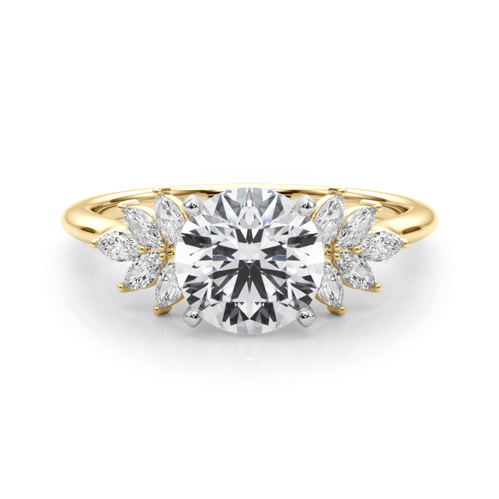 Side view of round cut diamond nature inspired marquise stone engagement ring in yellow gold