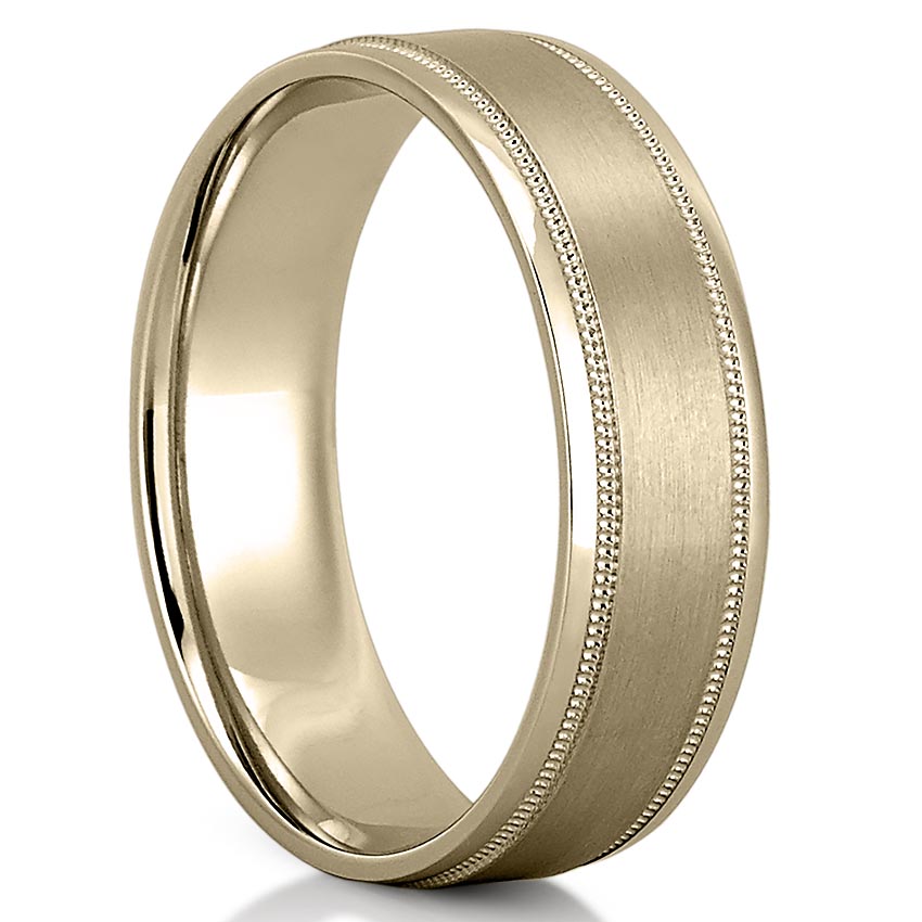 Angle view of satin finish milgrain wedding band in yellow gold