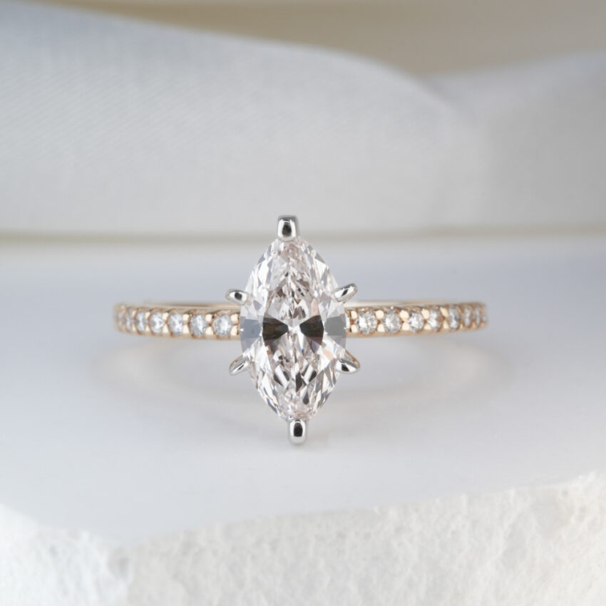 0.89 Carat Marquise Cut Diamond Dainty Engagement Ring Yellow Gold Lifestyle
