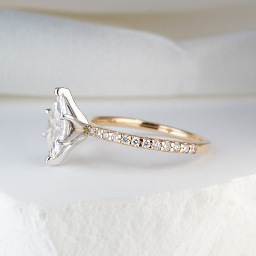 0.89 Carat Marquise Cut Diamond Dainty Engagement Ring Yellow Gold Lifestyle Side