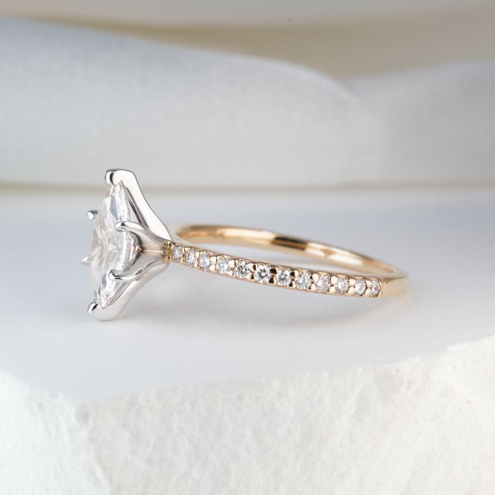 0.89 Carat Marquise Cut Diamond Dainty Engagement Ring Yellow Gold Lifestyle Side