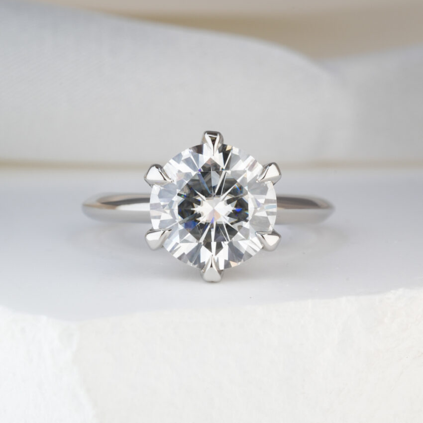 2.20 Carat Round Cut Moissanite Six Claw Prong Engagement Ring Platinum Lifestyle