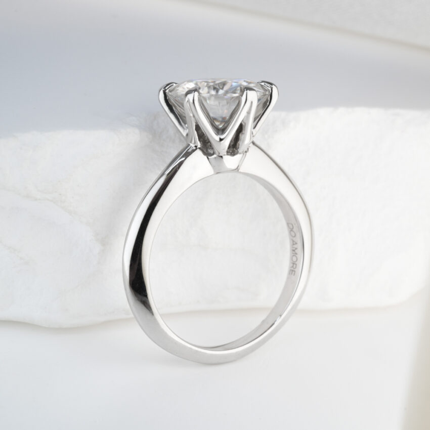 2.20 Carat Round Cut Moissanite Six Claw Prong Engagement Ring Platinum Lifestyle Angle