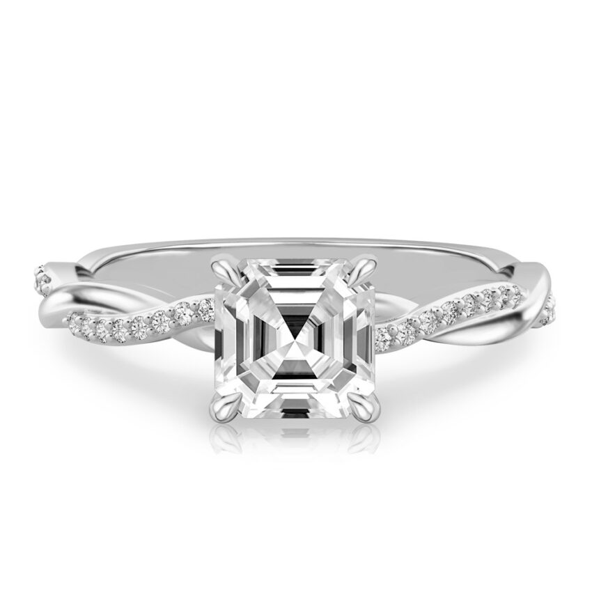asscher cut diamond twist hidden halo engagement ring in platinum