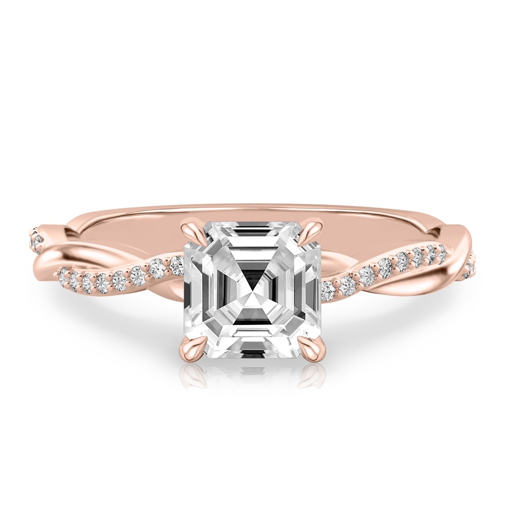 asscher cut diamond twist hidden halo engagement ring in rose gold