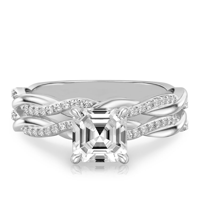 asscher cut diamond twist hidden halo engagement ring set platinum