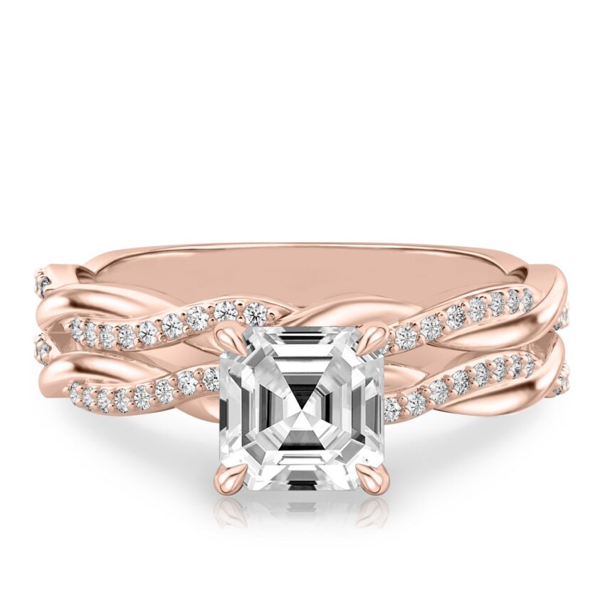asscher cut diamond twist hidden halo engagement ring set rose gold