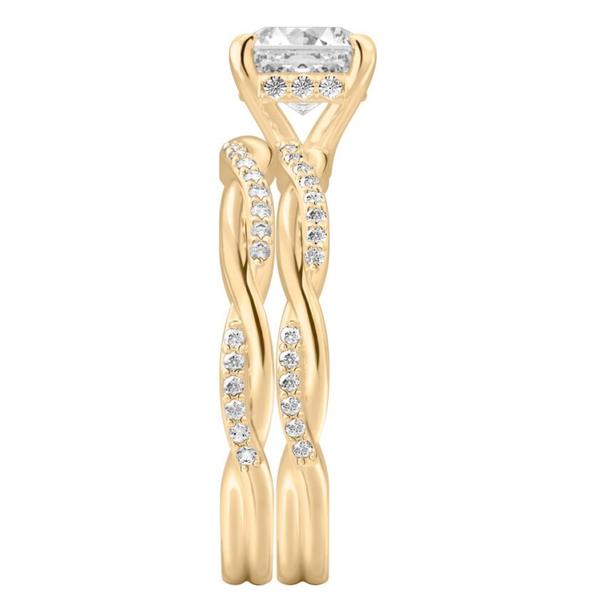 Side view of asscher cut diamond twist hidden halo engagement ring set yellow gold