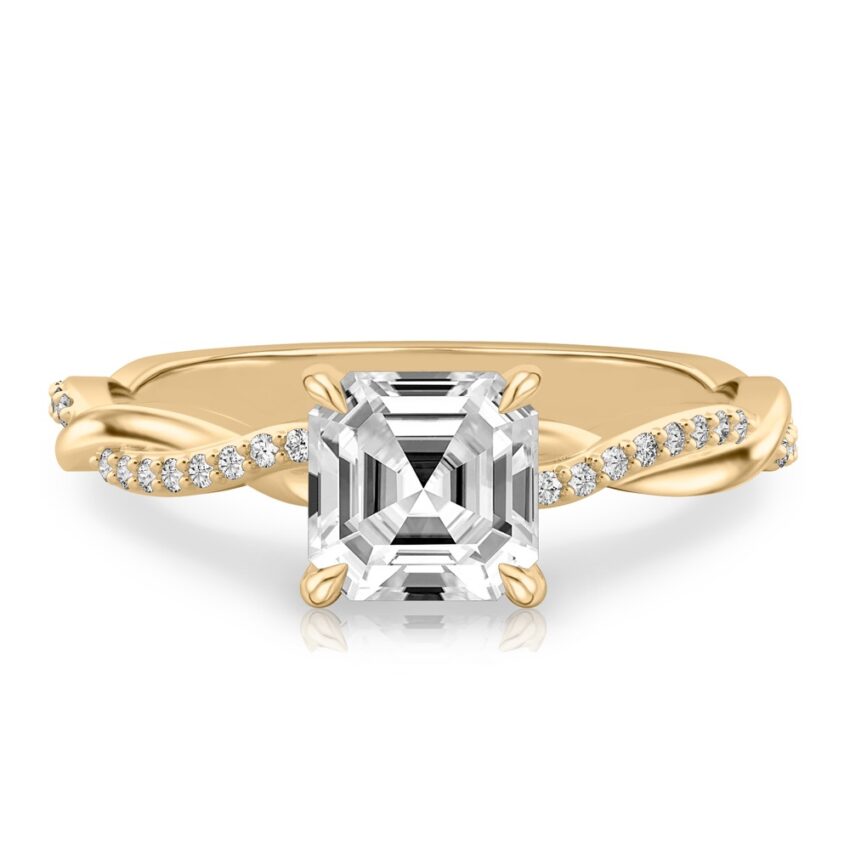 asscher cut diamond twist hidden halo engagement ring in yellow gold