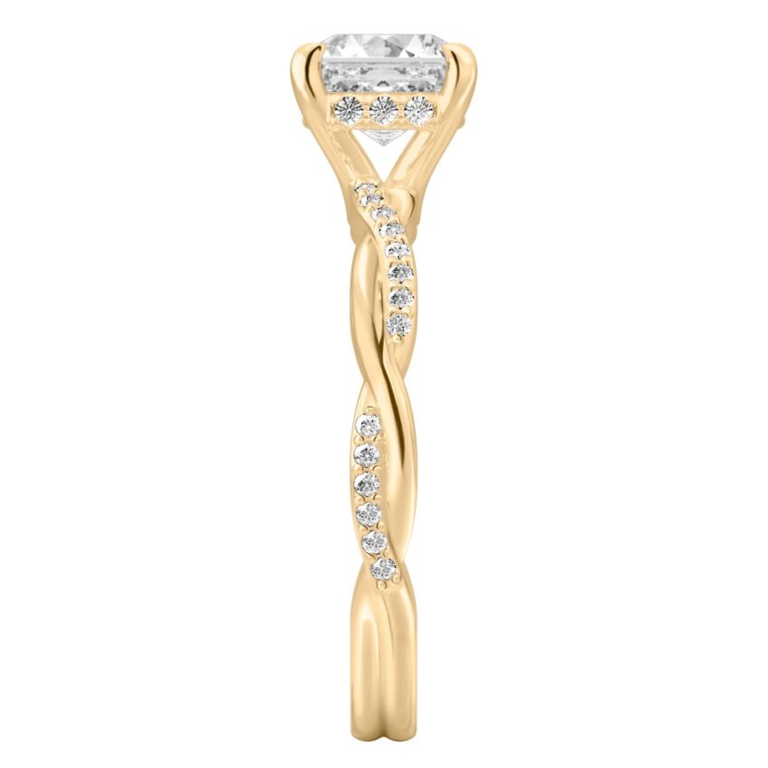 Side view of asscher cut diamond twist hidden halo engagement ring in yellow gold