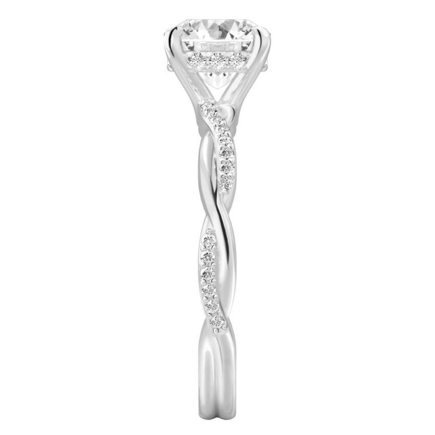 Side view of cushion cut diamond twist hidden halo engagement ring in platinum