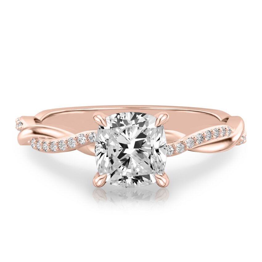 cushion cut diamond twist hidden halo engagement ring in rose gold
