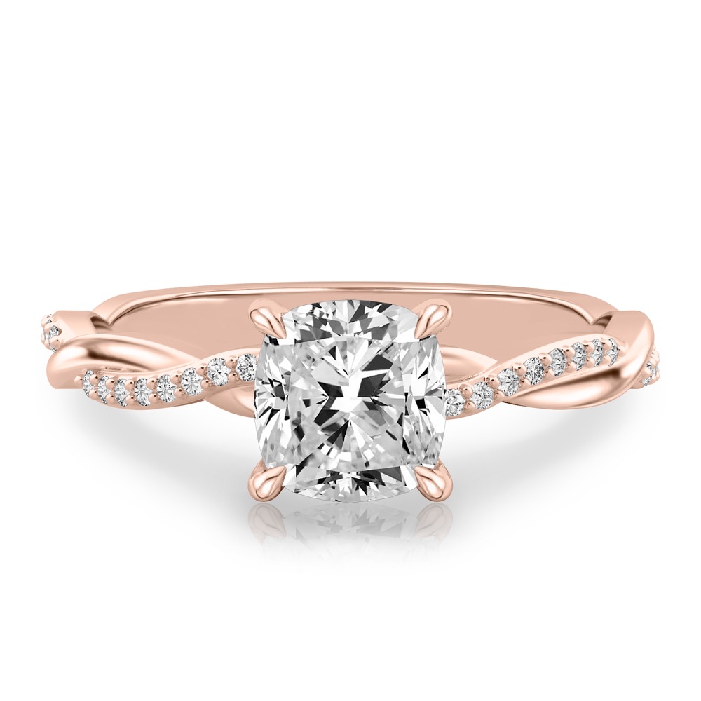 cushion cut diamond twist hidden halo engagement ring in rose gold