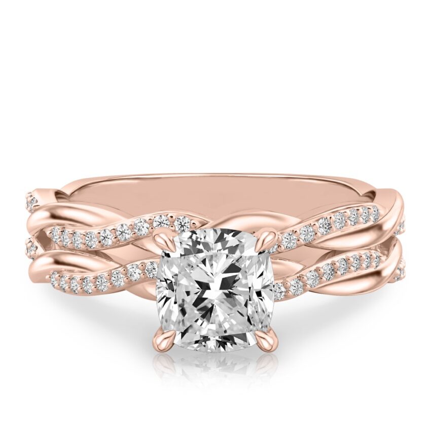cushion cut diamond twist hidden halo engagement ring set rose gold