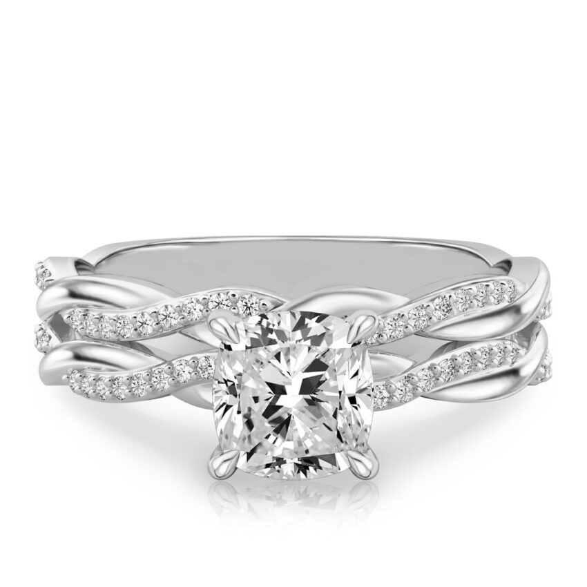 cushion cut diamond twist hidden halo engagement ring set white gold