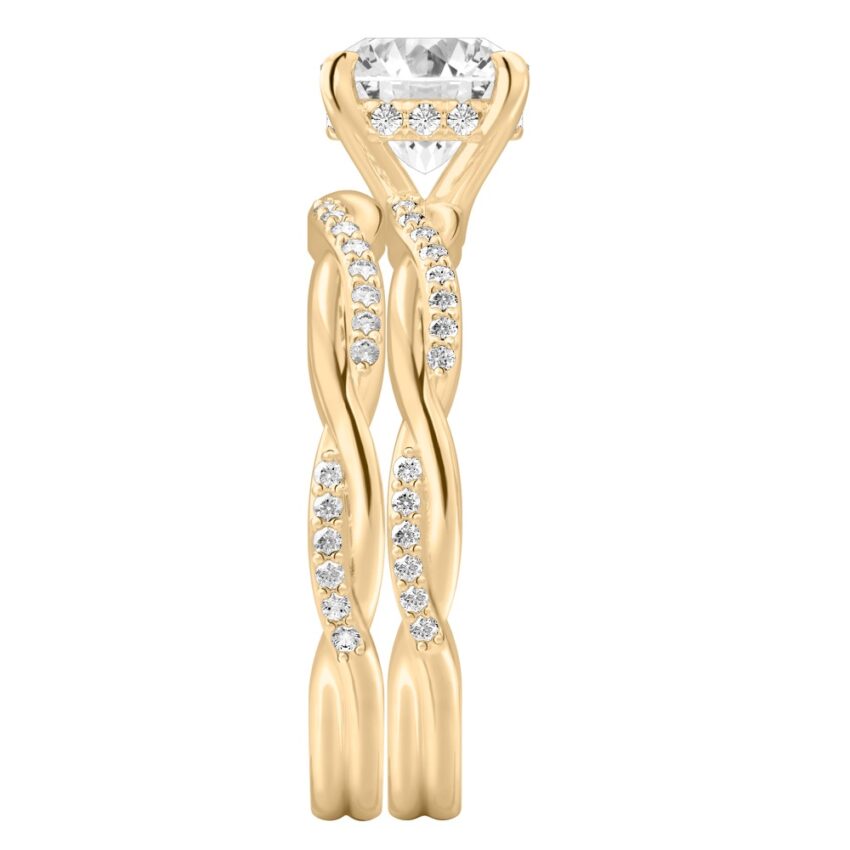 Side view of cushion cut diamond twist hidden halo engagement ring set yellow gold