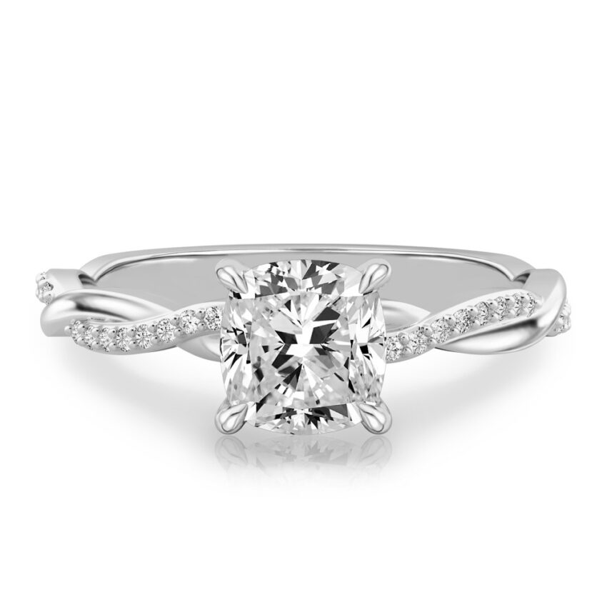 cushion cut diamond twist hidden halo engagement ring in white gold