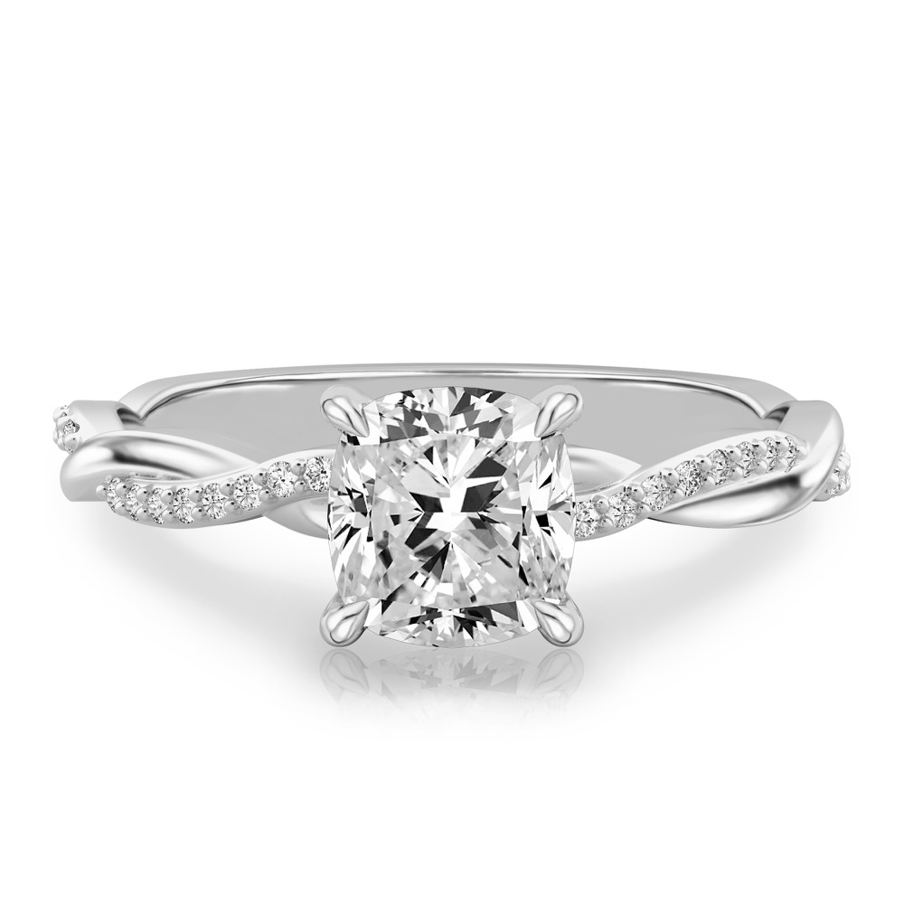 cushion cut diamond twist hidden halo engagement ring in white gold