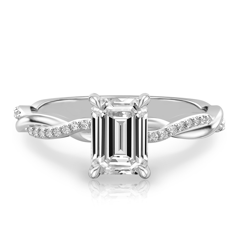 emerald cut diamond twist hidden halo engagement ring in palladium