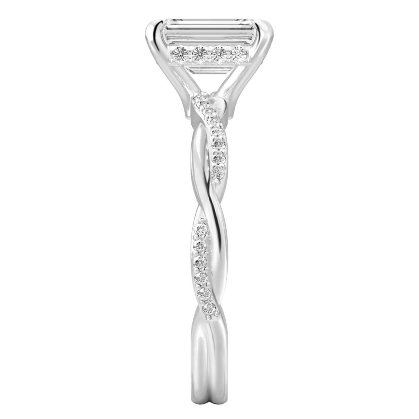 Side view of emerald cut diamond twist hidden halo engagement ring in platinum