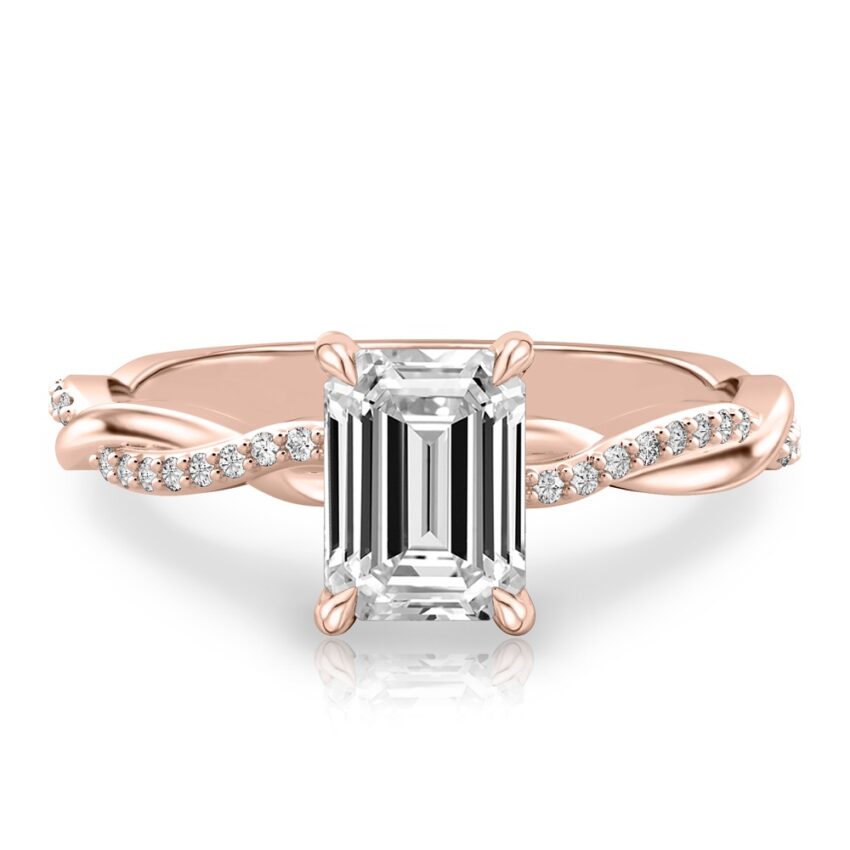 emerald cut diamond twist hidden halo engagement ring in rose gold