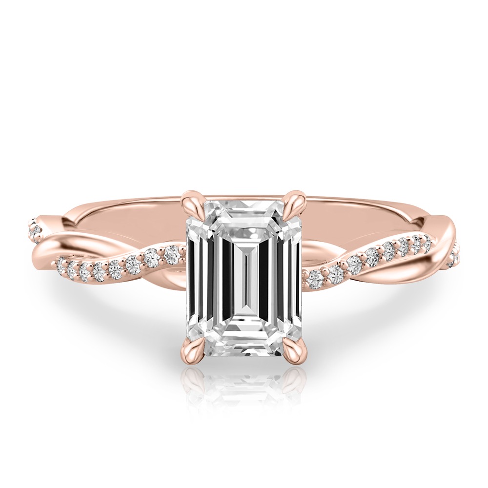 emerald cut diamond twist hidden halo engagement ring in rose gold