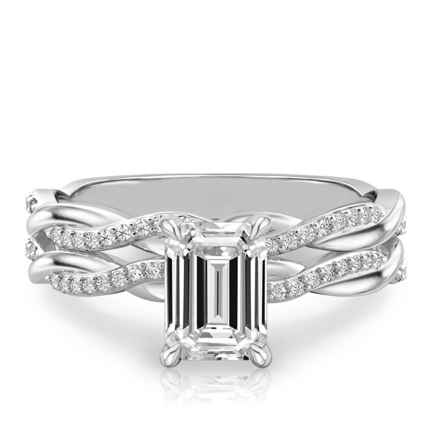 emerald cut diamond twist hidden halo engagement ring set platinum