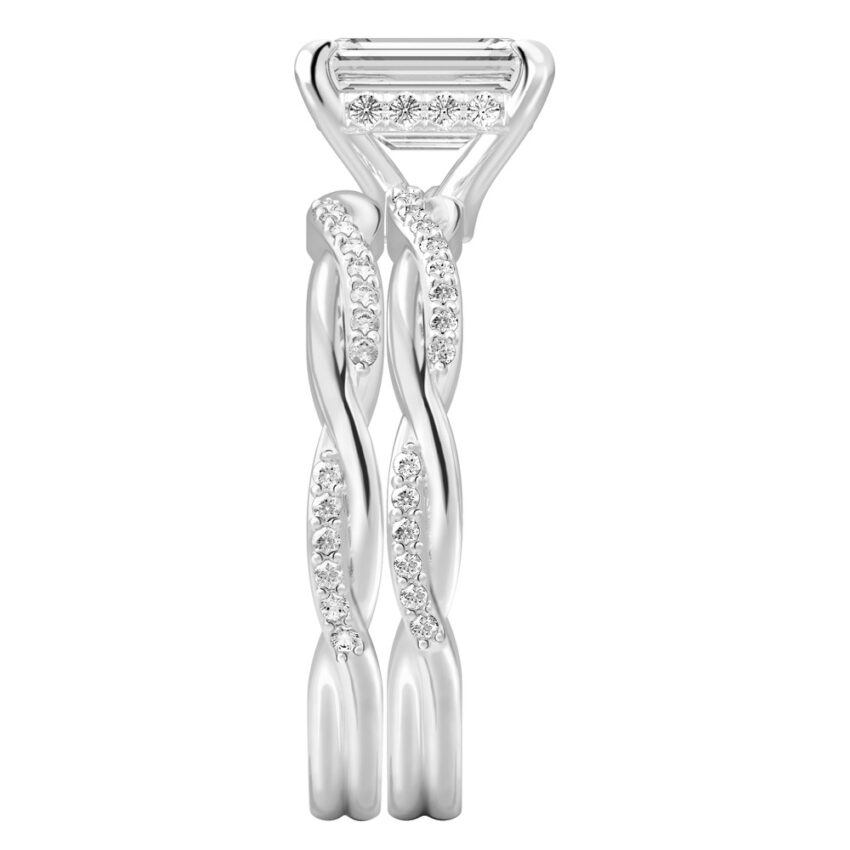 Side view of emerald cut diamond twist hidden halo engagement ring set platinum
