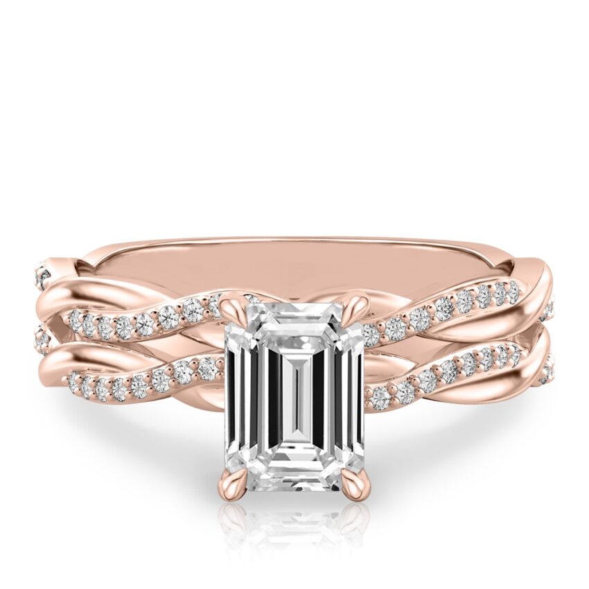 emerald cut diamond twist hidden halo engagement ring set rose gold