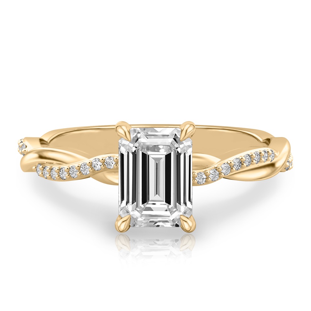 emerald cut diamond twist hidden halo engagement ring in yellow gold