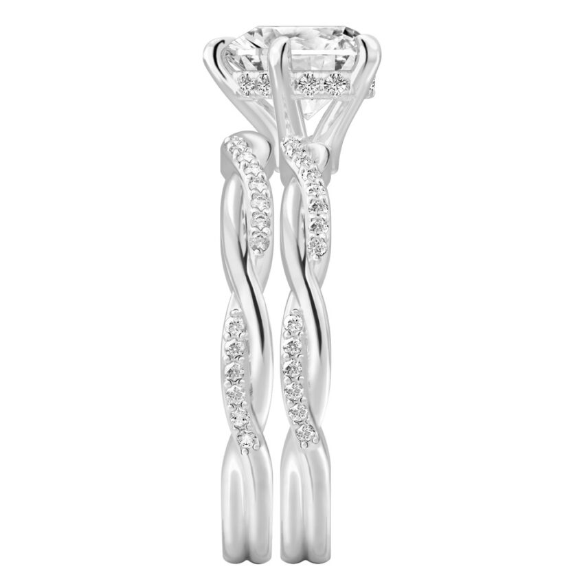 Side view of heart shape diamond twist hidden halo engagement ring set platinum
