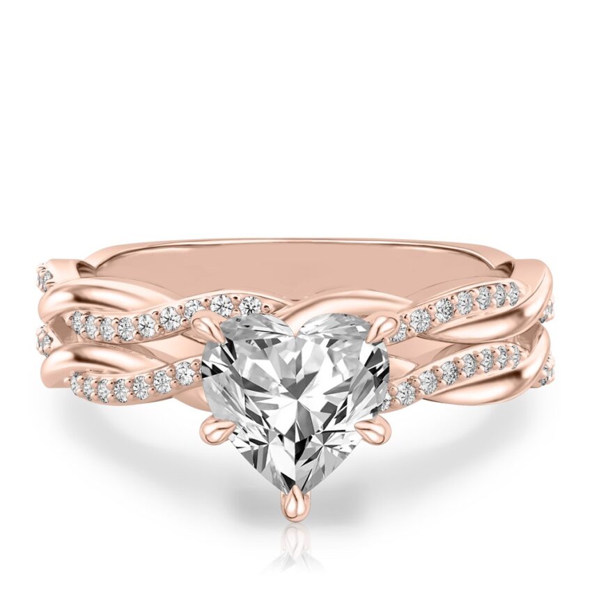 heart shape diamond twist hidden halo engagement ring set rose gold