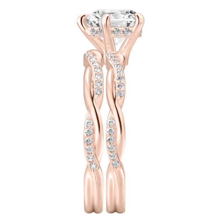 Side view of heart shape diamond twist hidden halo engagement ring set rose gold