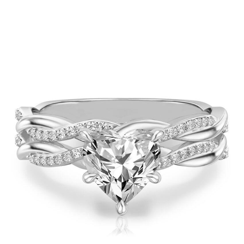 heart shape diamond twist hidden halo engagement ring set white gold